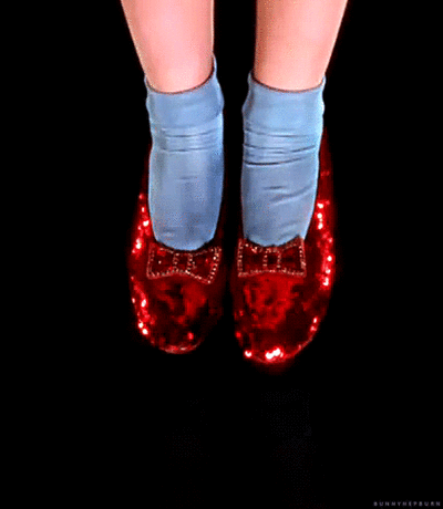 animated gif of Dorothy's ruby red slippers clicking together from Wizard of Oz